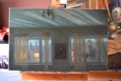 Cars passing under the windows early in the morning. Interior painting, realism