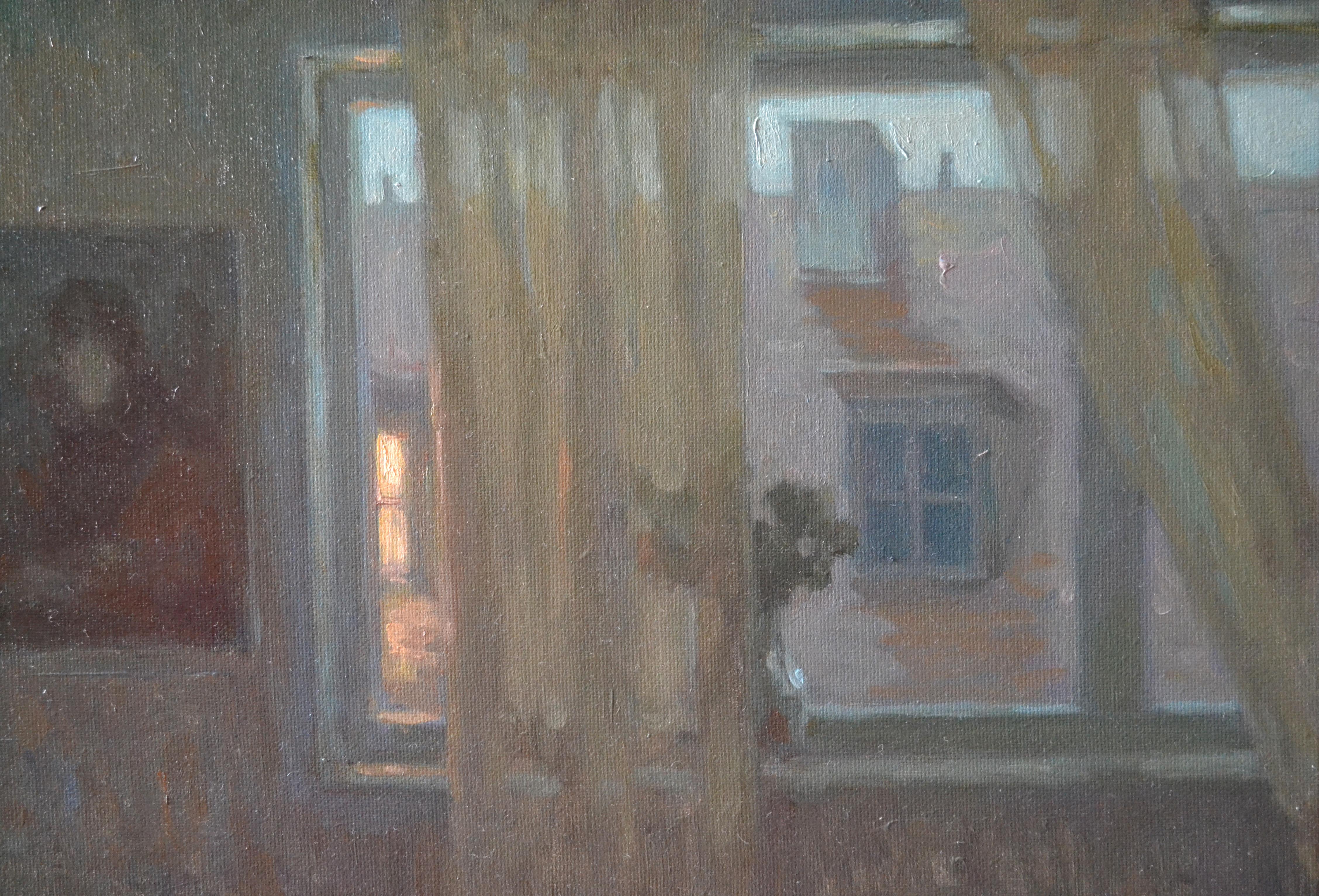 Cars passing under the windows early in the morning - Realist Painting by Dmitry Evtushenko