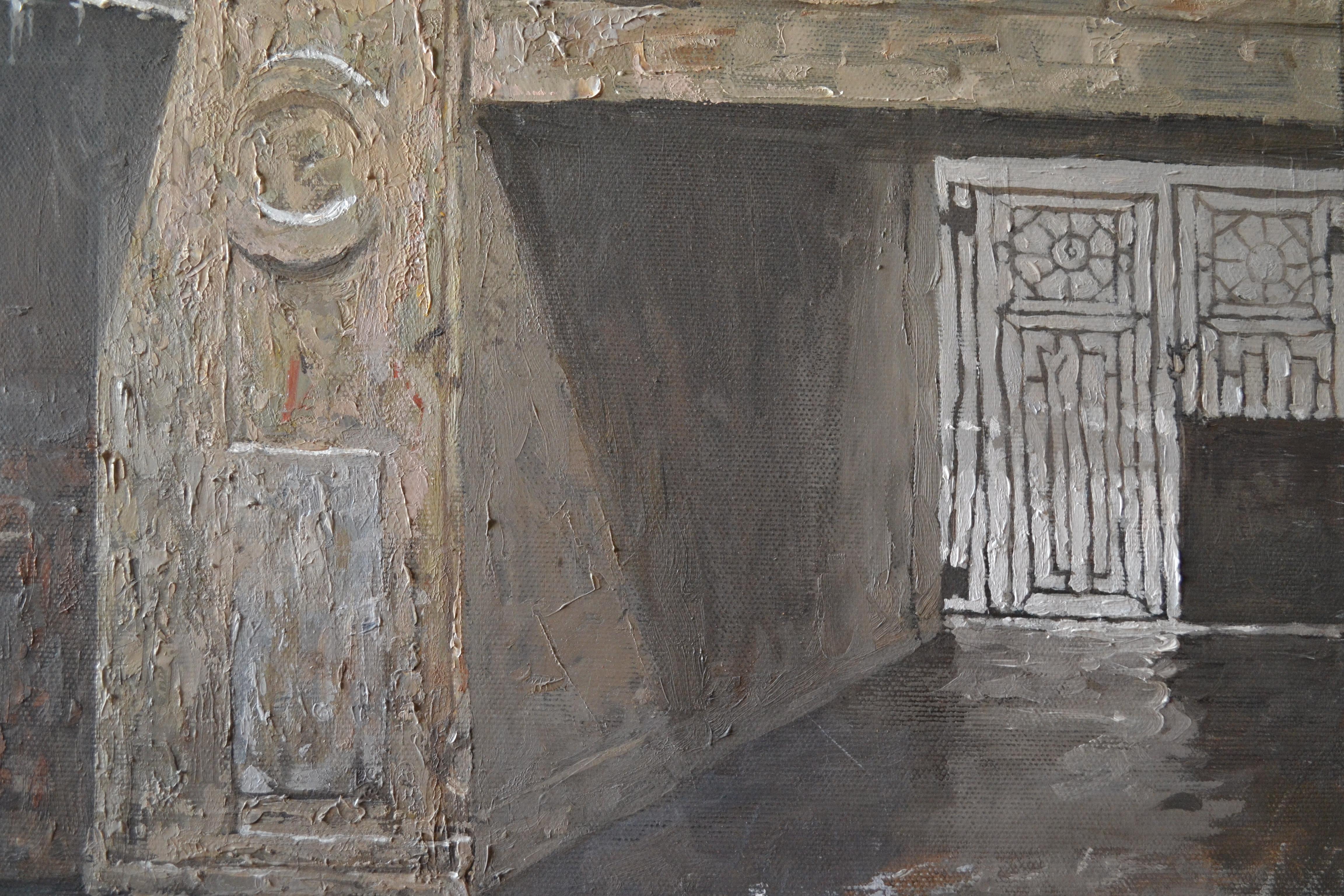 Courtyard à Saint-Pétersbourg - Gris Landscape Painting par Dmitry Evtushenko