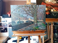 Early spring on the banks of the Main. Large horizontal landscape painting