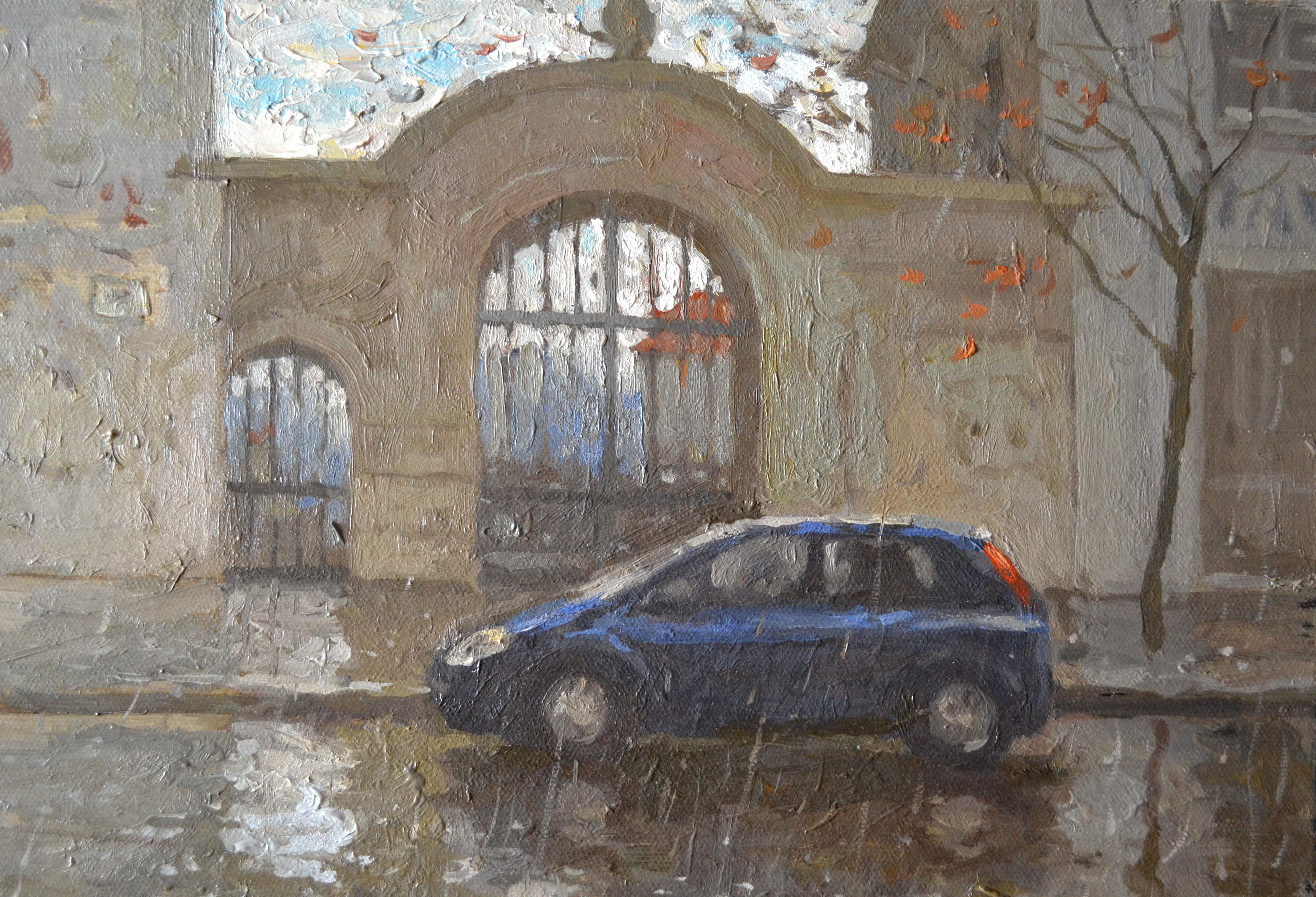 The artist was inspired by this motif while sitting inside a cafe when it was raining outside. We see a wet table with an ashtray and a chair. The sidewalk and the roadway resemble a river and reflect the house opposite, an advertising column, an