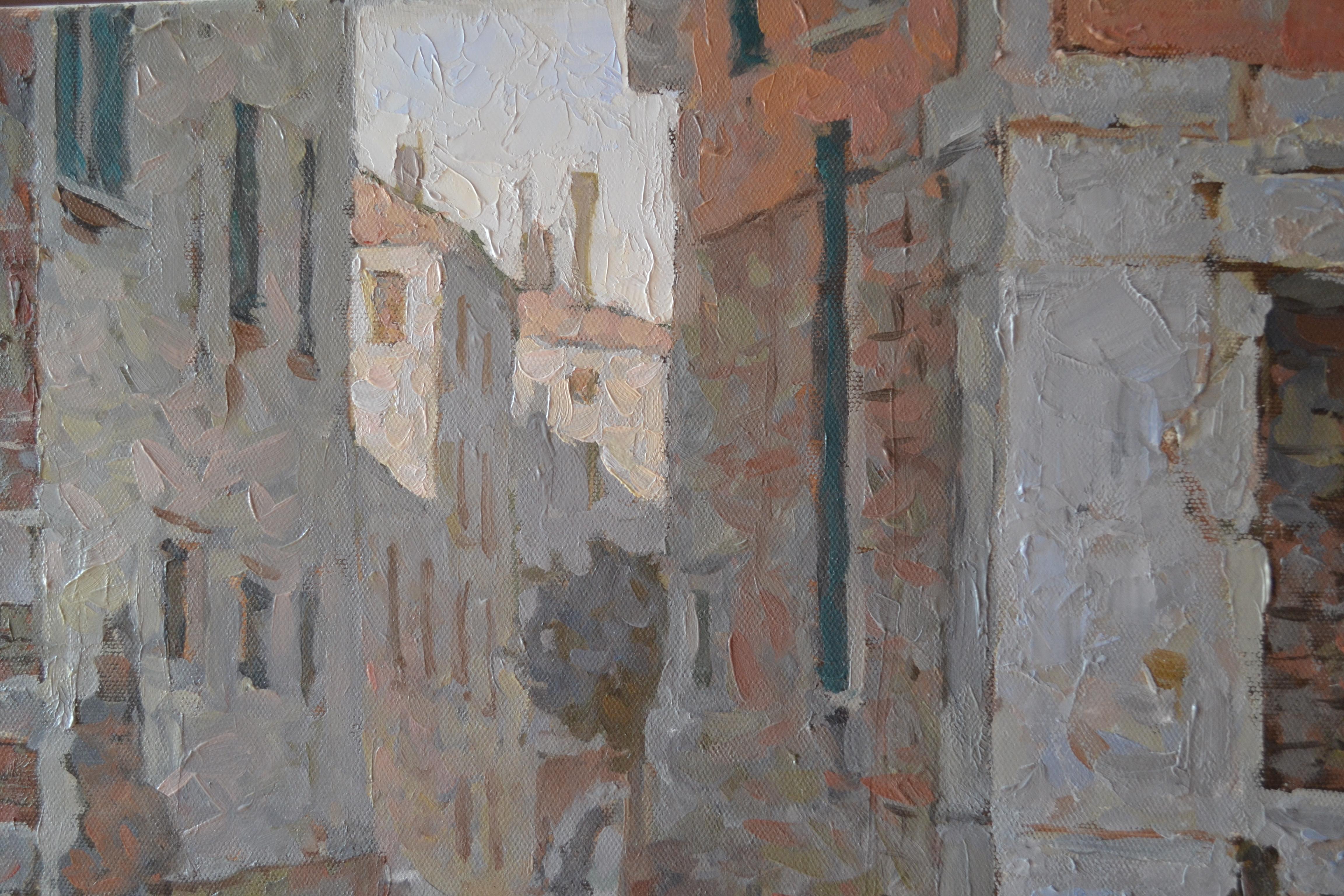 The painting depicts a flood in Venice, the famous Acqua Alta, when during the sea tide, the canals overflow their banks, flooding the embankments and squares. At this time, the Venetians walk around the city in high rubber boots above the knee. We