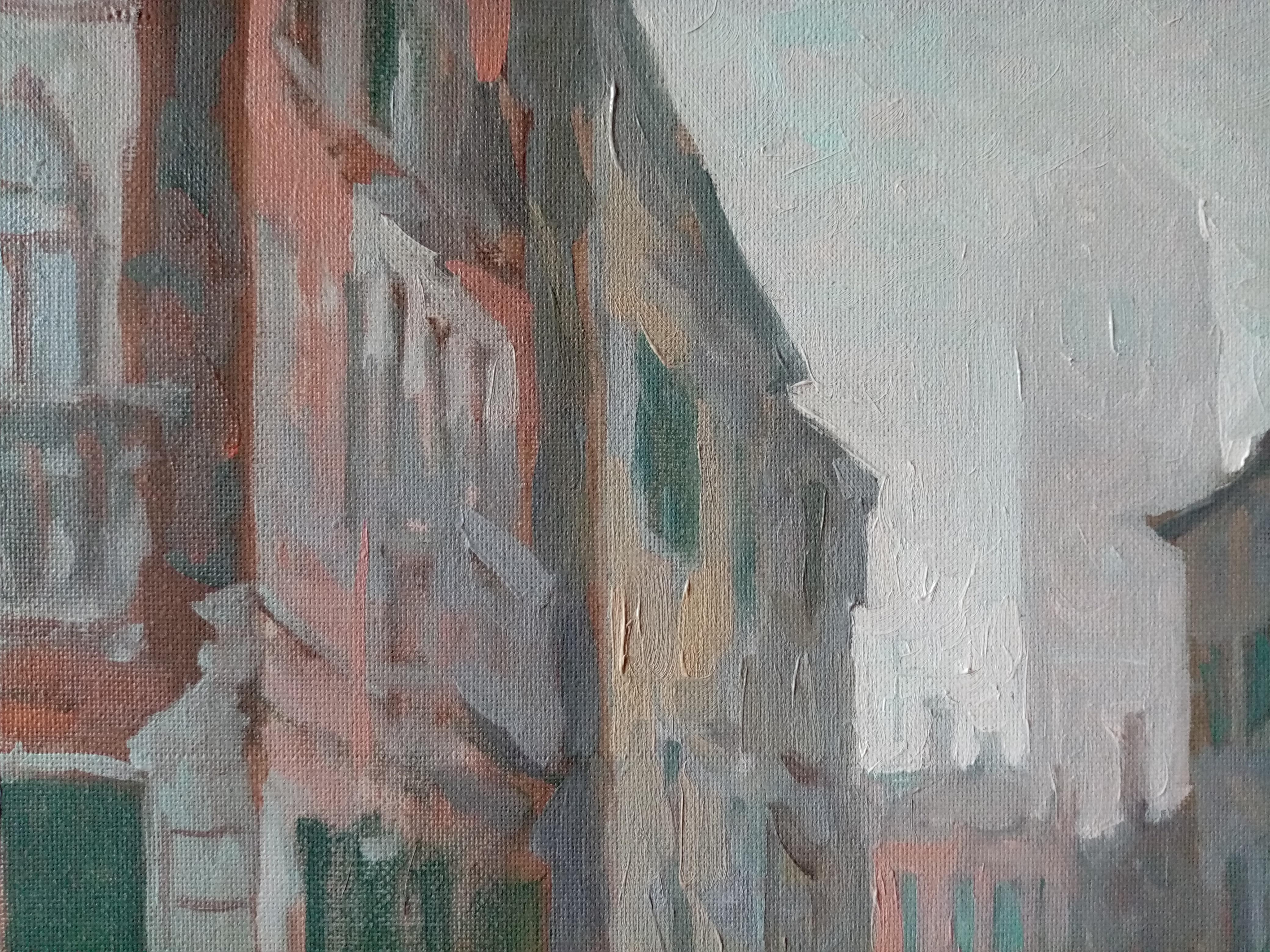 Clocher de Frari dans le brouillard - Gris Landscape Painting par Dmitry Evtushenko