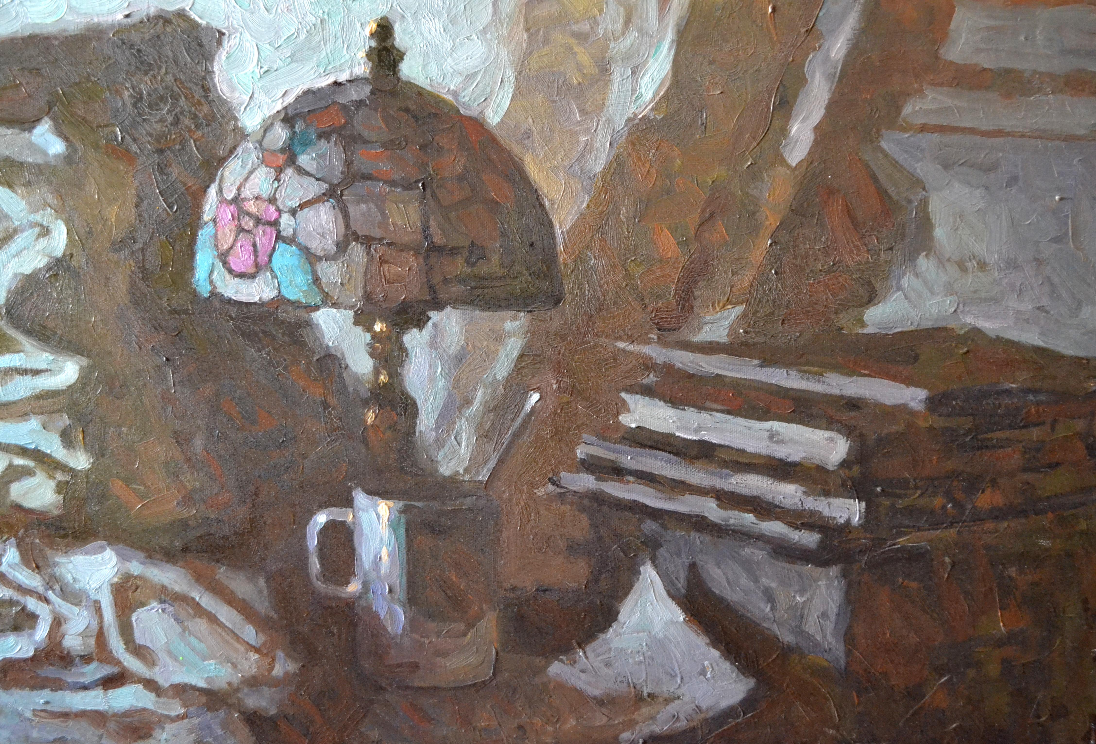 The painting depicts a fragment of an interior. The protagonist is absent, but we can assume that this is his resting place. And he has just left. We see a disassembled bed with a laptop lying on it, illuminating the entire space with neon light.