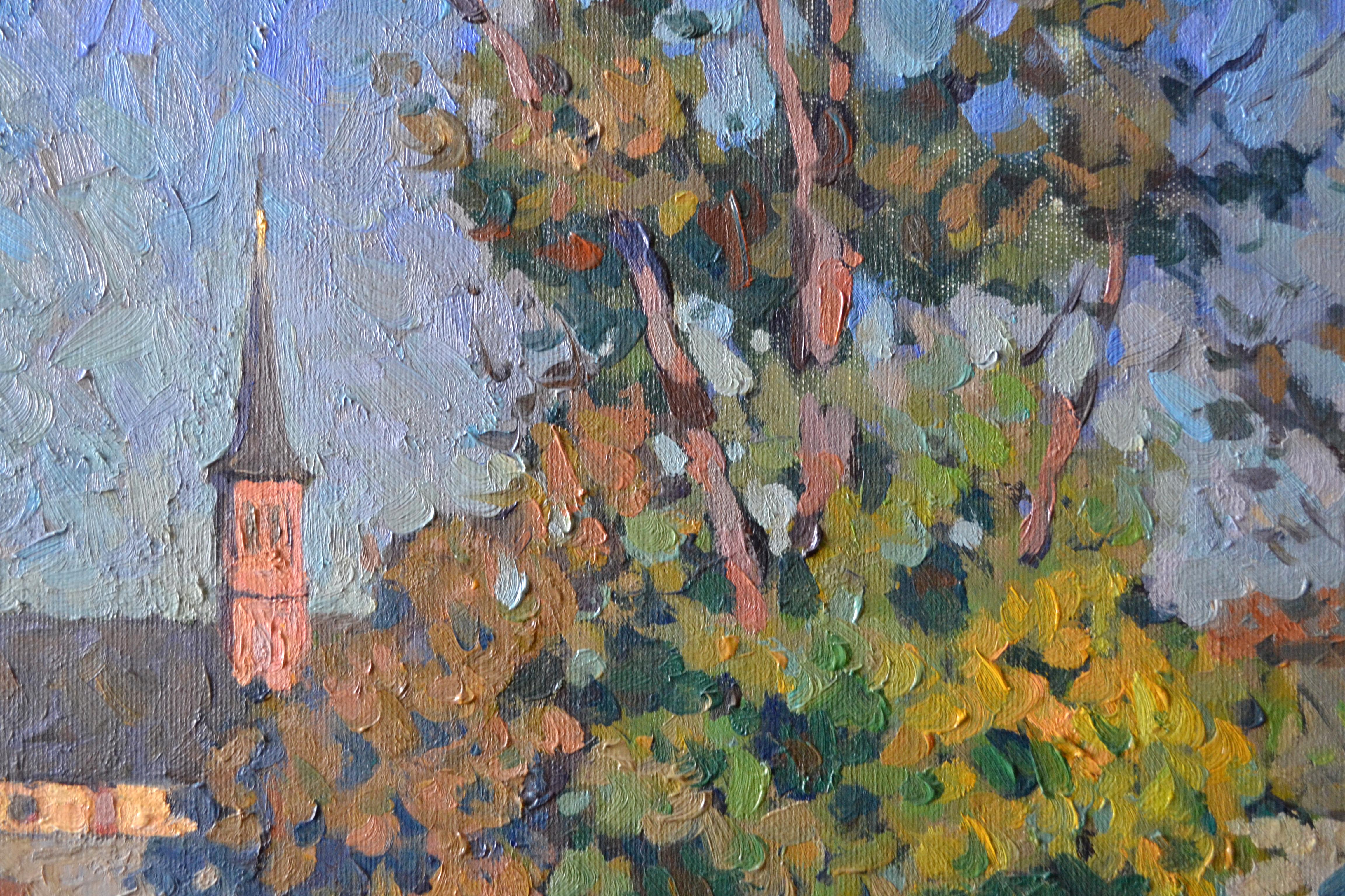 Le tableau a été peint d'après nature lors d'une journée d'été ensoleillée. Au milieu se trouve le monastère de l'Assomption de Marie à Würzburg, situé sur les rives du Main. Nous voyons sa muraille avec une porte et une cathédrale avec un clocher,