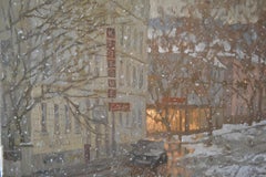 New Year's Eve in a provincial Bavarian town. Big horizontal painting, realism