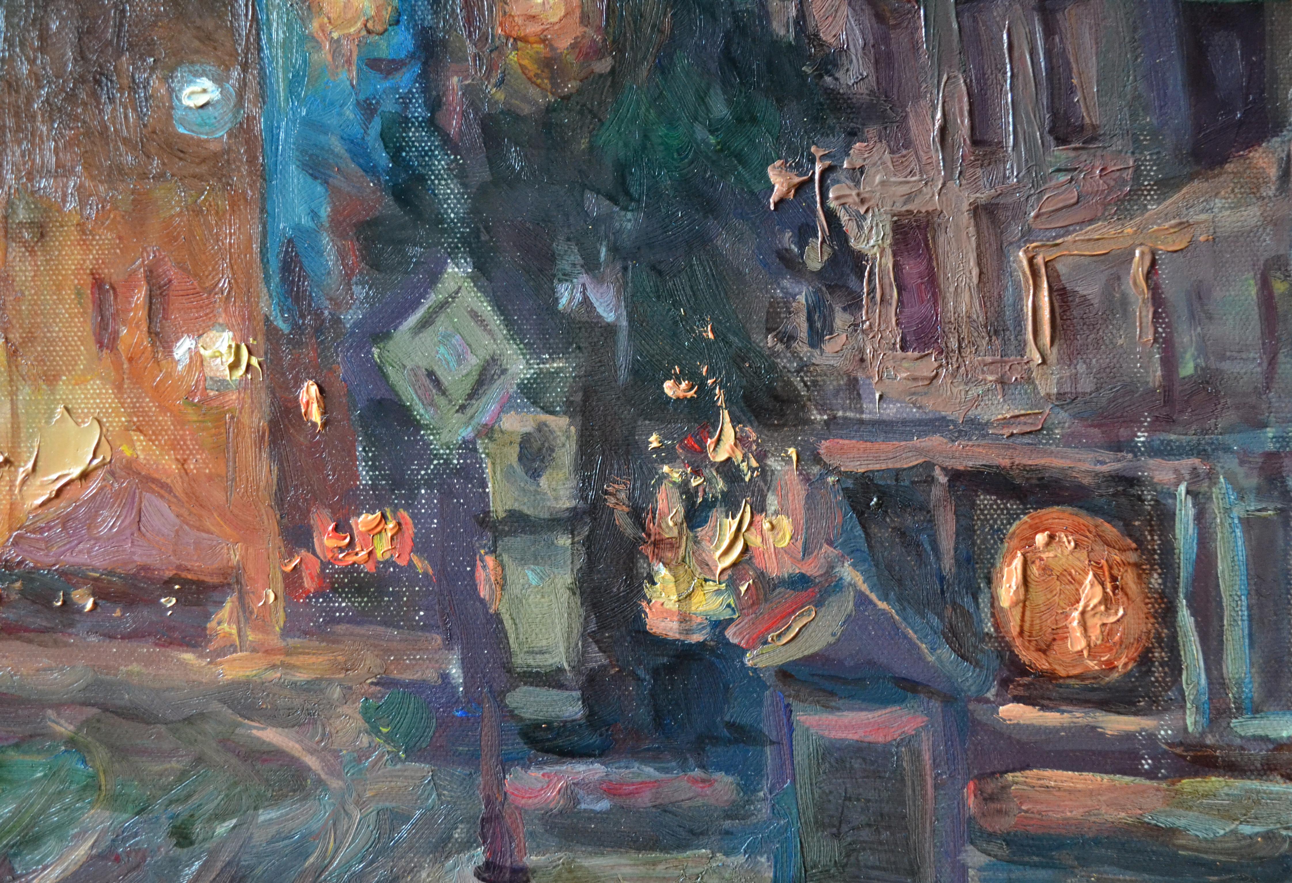 Night in a Bavarian town - Black Landscape Painting by Dmitry Evtushenko