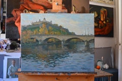 Vieux pont et forteresse. Automne. Peinture de paysage horizontale, impressionnisme