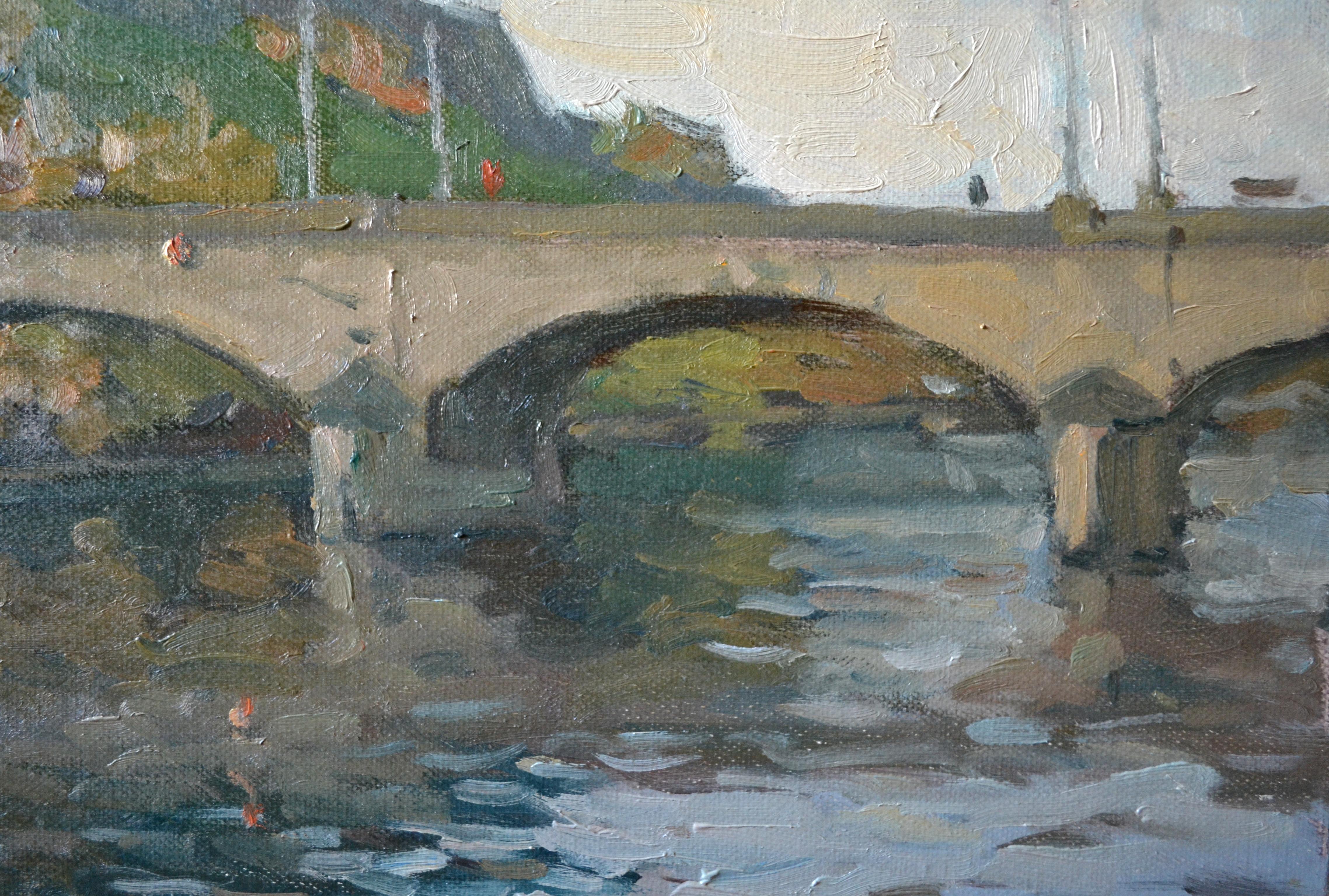 Old Bridge and Fortress. Autumn - Gray Landscape Painting by Dmitry Evtushenko