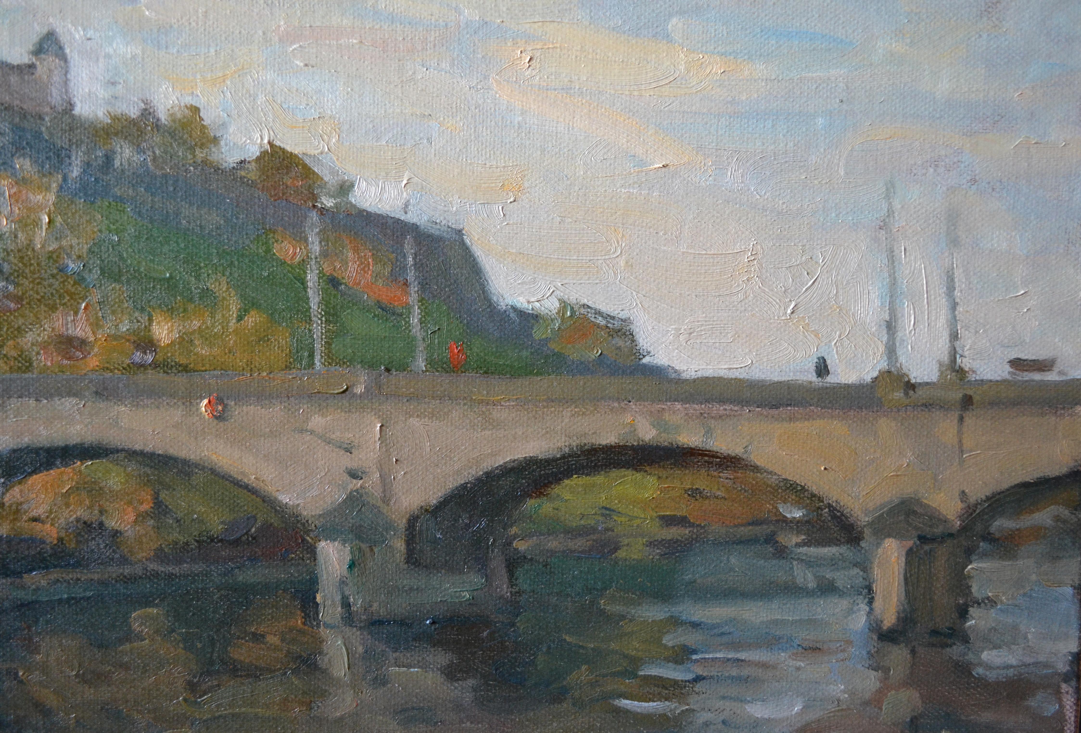 The painting was painted from life. It depicts the bridge over the Main Ludwigbrücke and the Marienberg fortress. We see a clear autumn day, which is declining towards evening. The sky above is still blue, but closer to the horizon, golden shades of