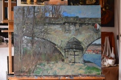 Old Bridge over the Main. Large horizontal landscape painting, spring, realism