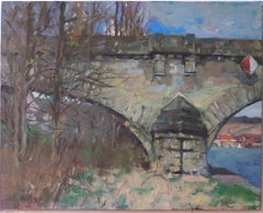 Old Bridge over the Main. Large horizontal landscape painting, spring, realism