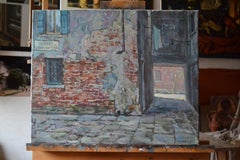 Old courtyard in Venice. Large horizontal landscape painting, winter, Venezia