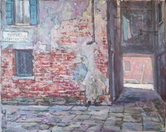 Old courtyard in Venice. Large horizontal landscape painting, winter, Venezia