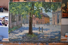 Old town on a sunny day. Horizontal landscape painting, city, impressionism