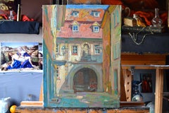 Old town on a sunny day. Vertical painting, summer, impressionism