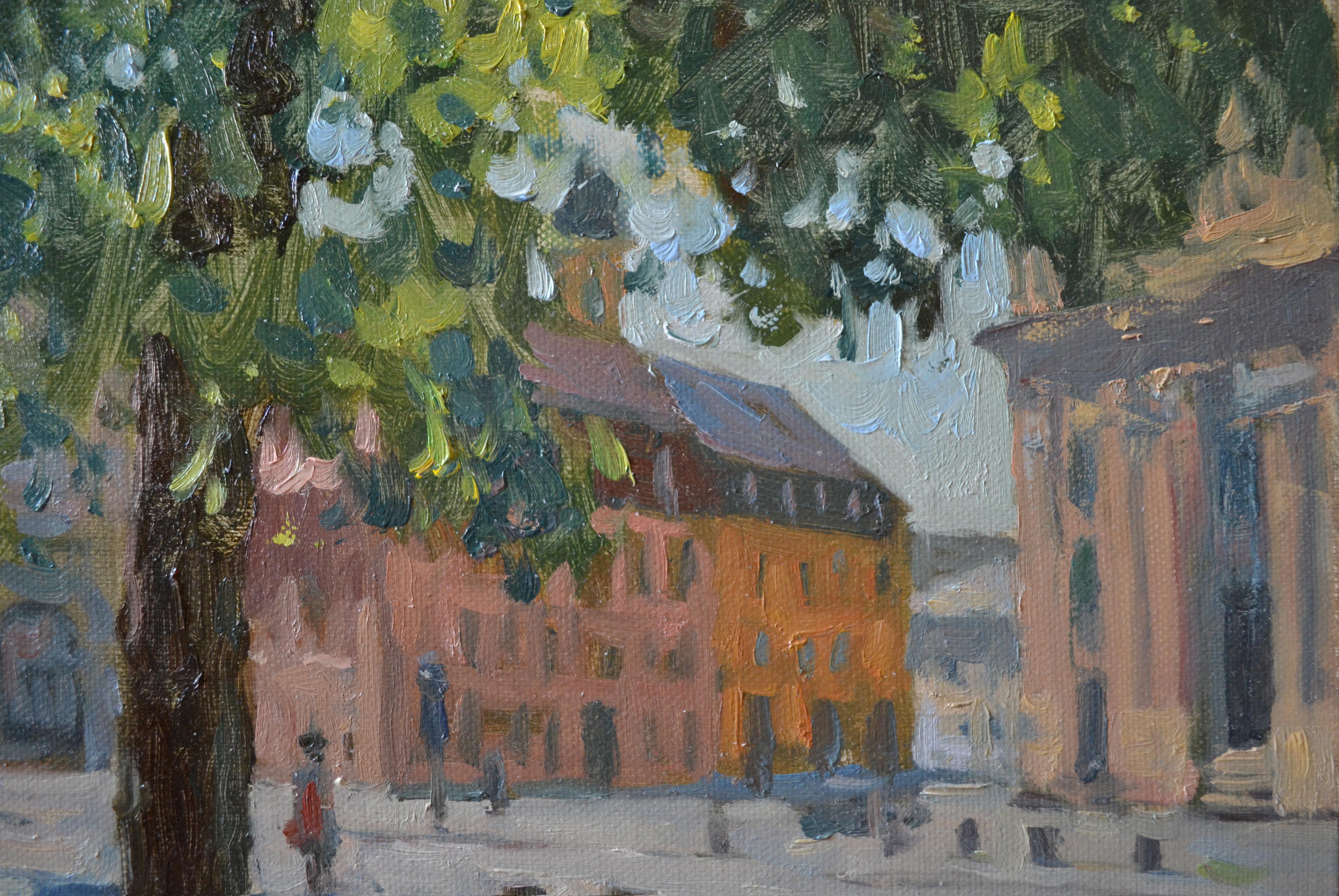 Old town on a sunny day - Gray Landscape Painting by Dmitry Evtushenko