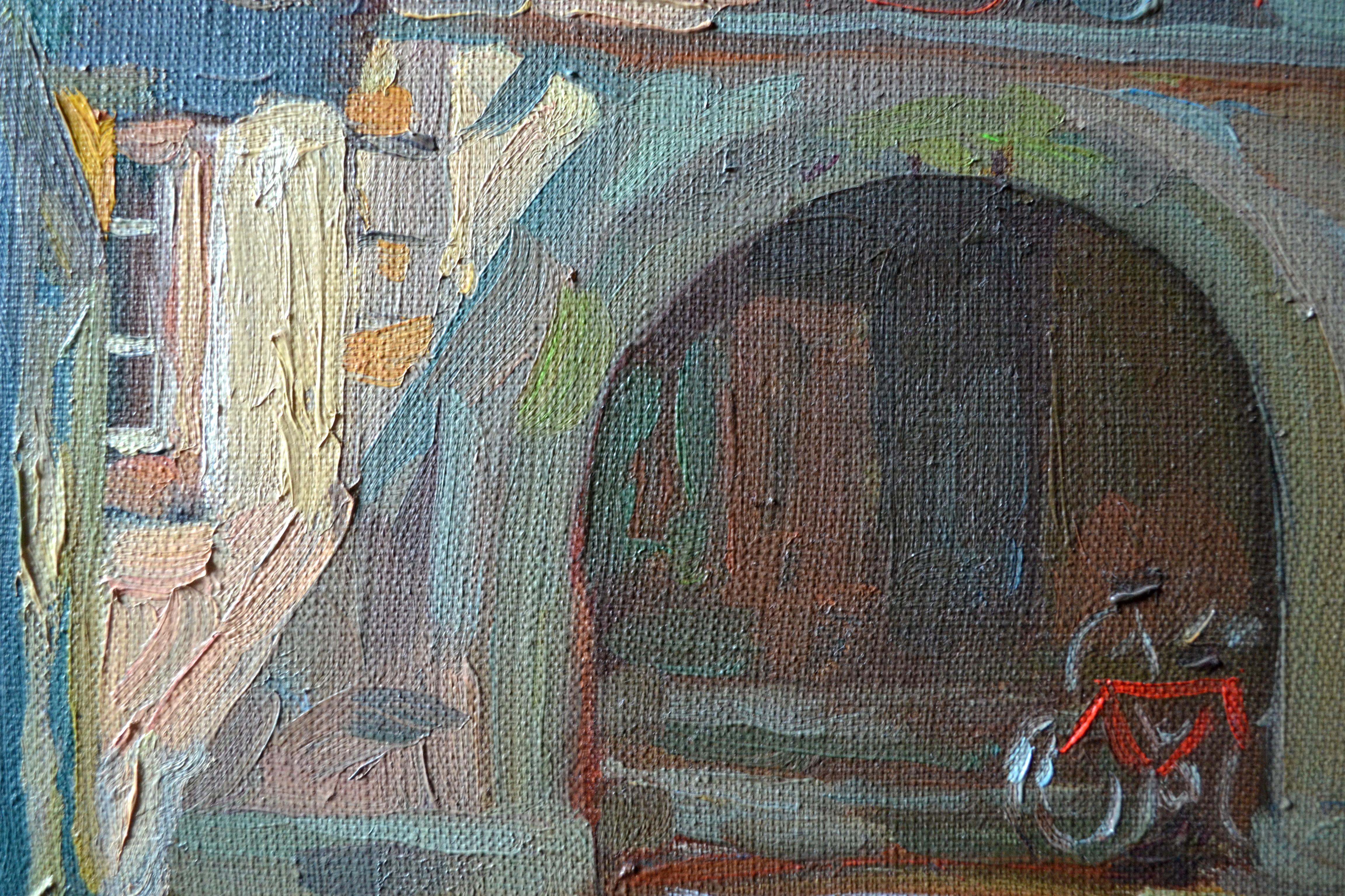 The painting was painted from life on a hot summer sunny day. It depicts an old street of a typical European town. The main 