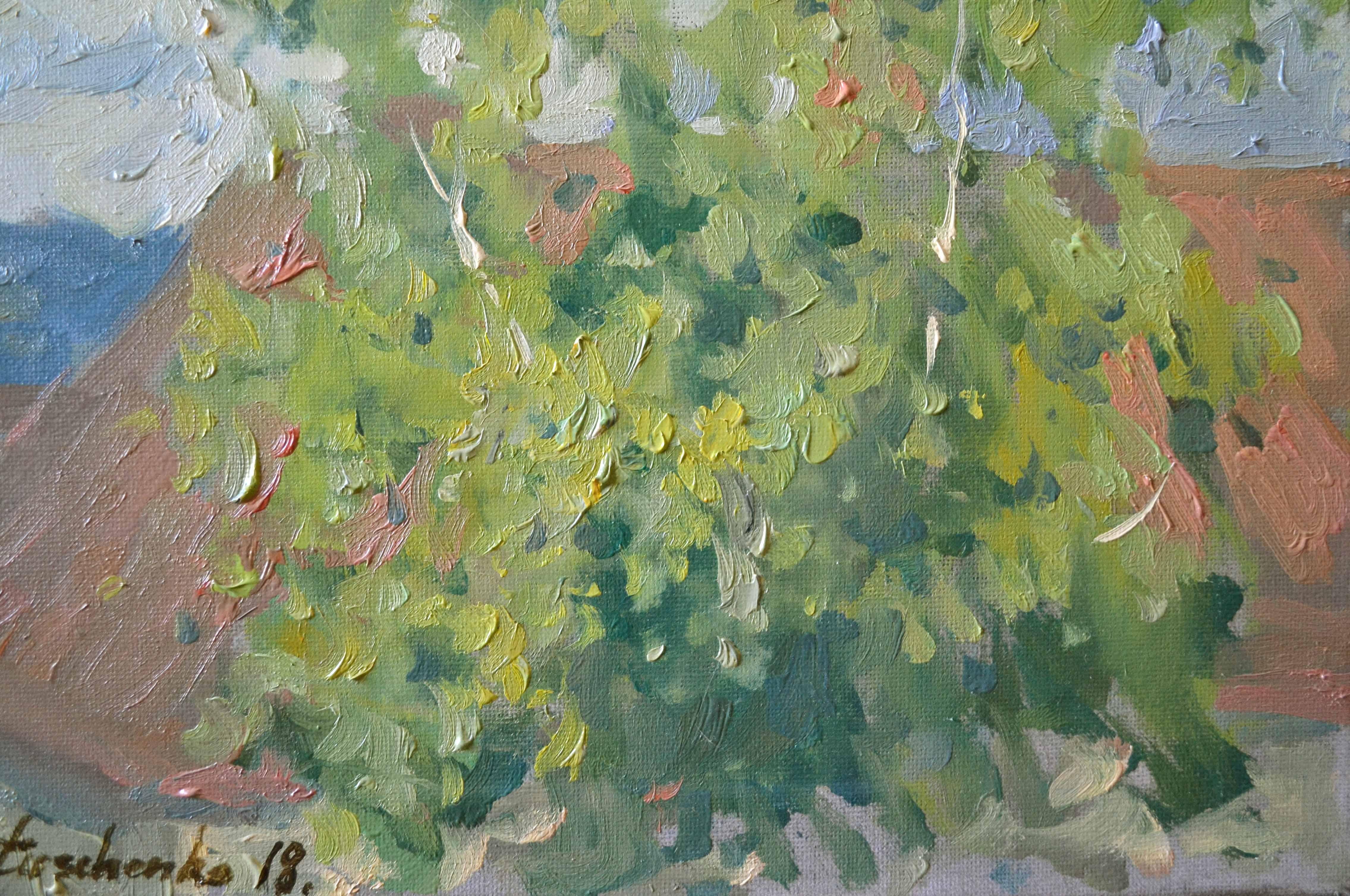 The painting was painted from life on a summer day. It conveys the changing state of cloudy weather. The sun illuminates the foliage of the birch tree standing in the middle. The foliage glows with yellow and greenish shades, the trunks glow white.