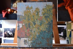 On a summer morning in our yard. Small vertical landscape painting, summer