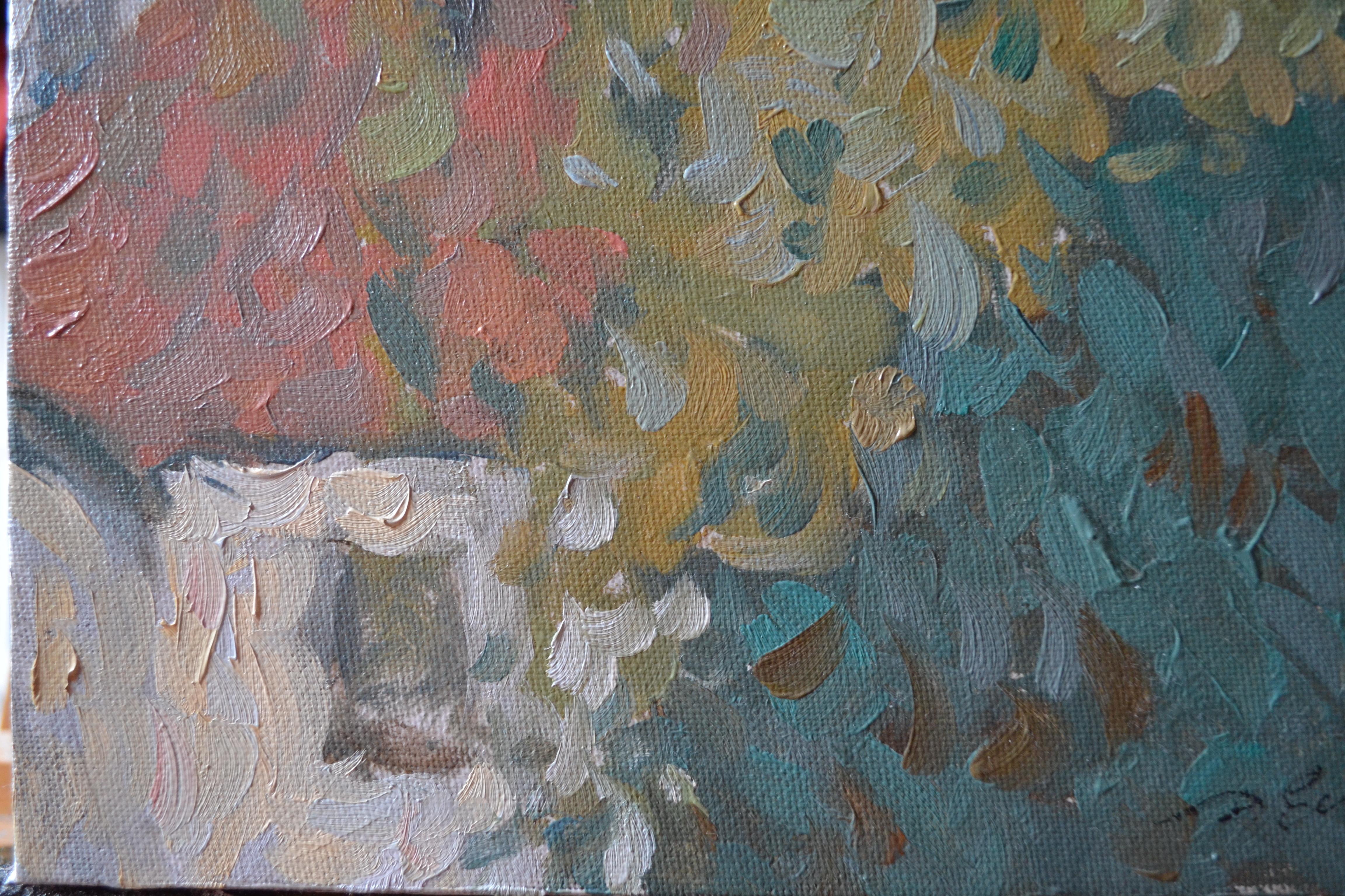 On a summer morning in our yard - Gray Landscape Painting by Dmitry Evtushenko