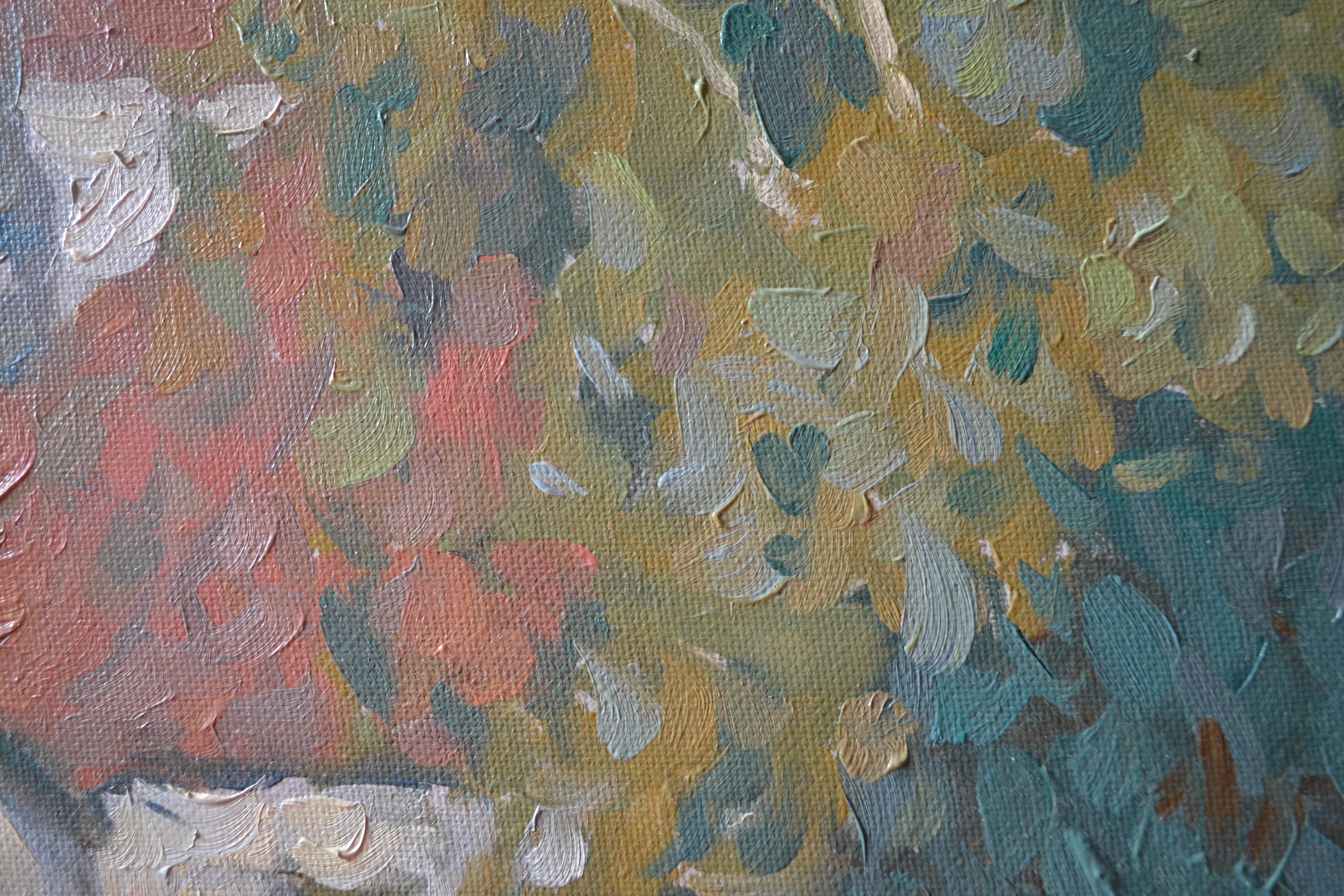 Summer etude painted from life in the morning, standing on the balcony. The view from the balcony to the yard is depicted. Most of the work is taken up by the birch foliage, partly immersed in the shadow, emerald-purple, partly illuminated by the