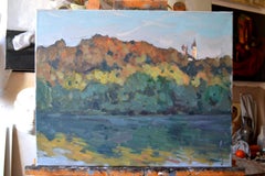 On a summer morning on the banks of the Main. Horizontal landscape painting.