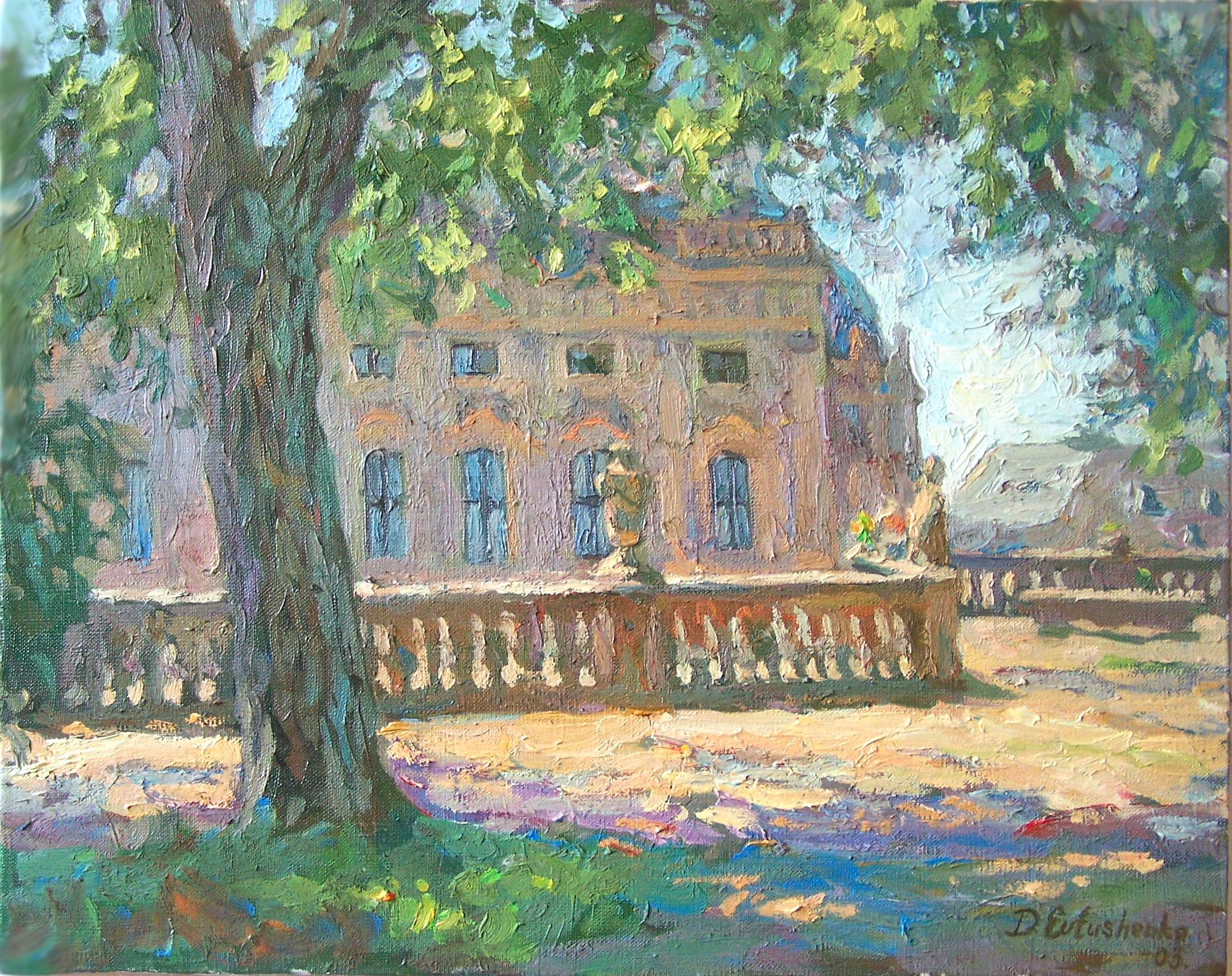 On a sunny summer day in the Courtyard Garden. Horizontal landscape painting.