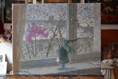 Orchid on the window in winter. Horizontal interior and landscape painting