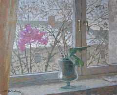 Orchid on the window in winter. Horizontal interior and landscape painting