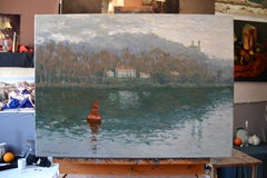 Red Buoy on the Main. Horizontal landscape painting, river, impressionism