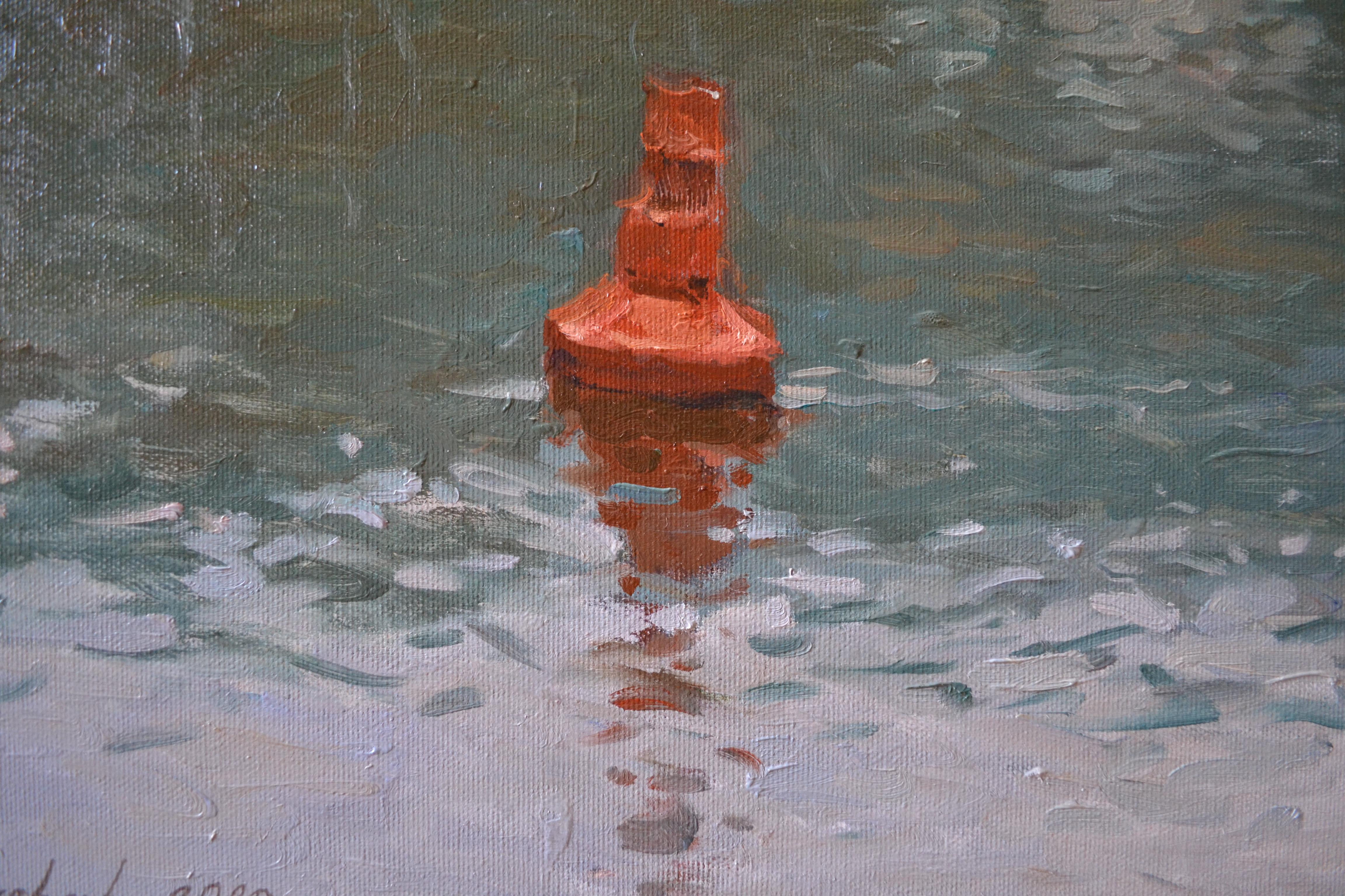Red Buoy on the Main - Gray Landscape Painting by Dmitry Evtushenko