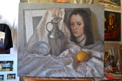 Still life with a reproduction of a portrait of Velazquez. Still-life painting.