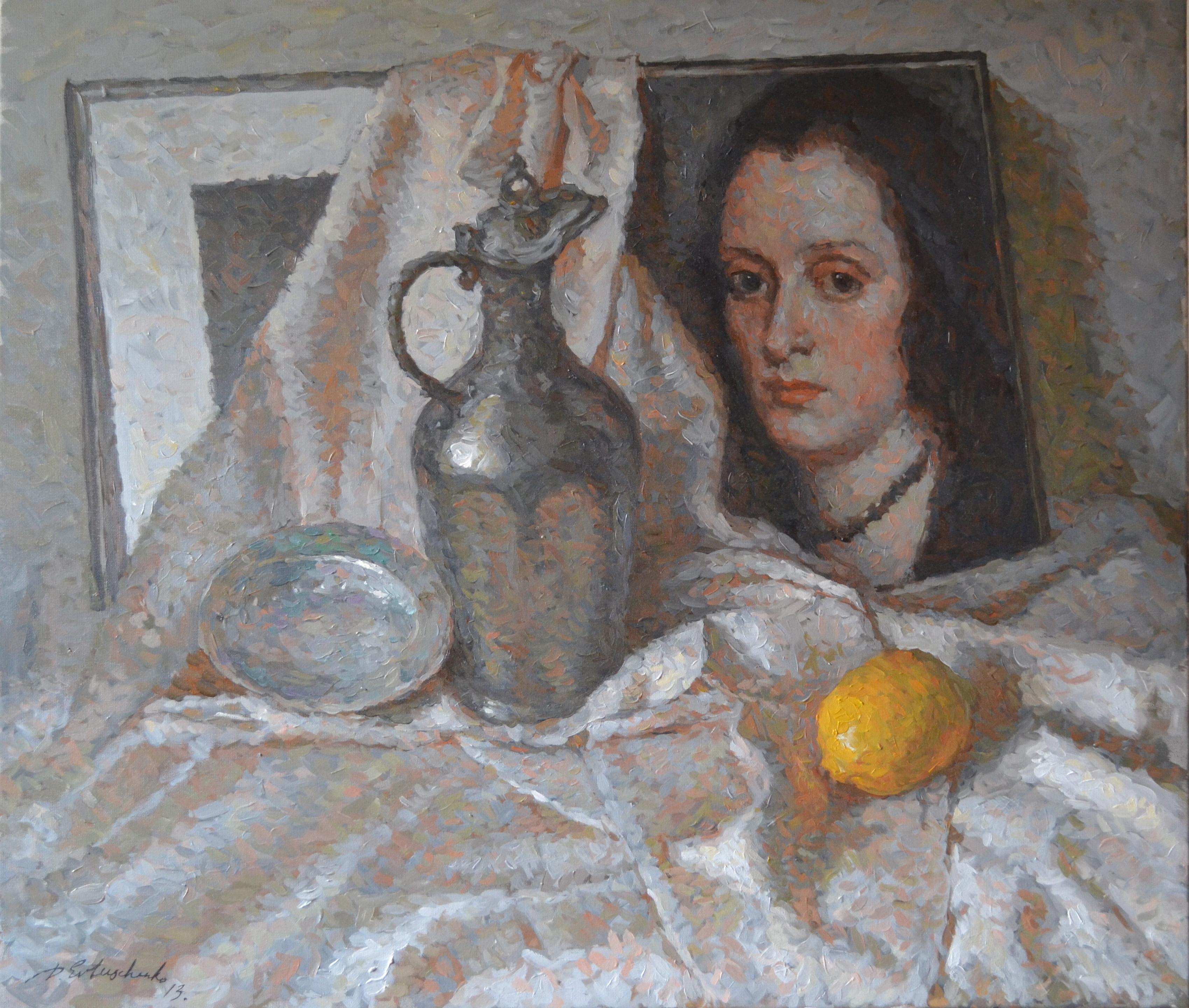 Dmitry Evtushenko Still-Life Painting – Stilleben mit einer Reproduktion eines Porträts von Velazquez. Stilleben-Malerei.