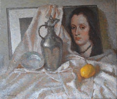 Still life with a reproduction of a portrait of Velazquez. Still-life painting.