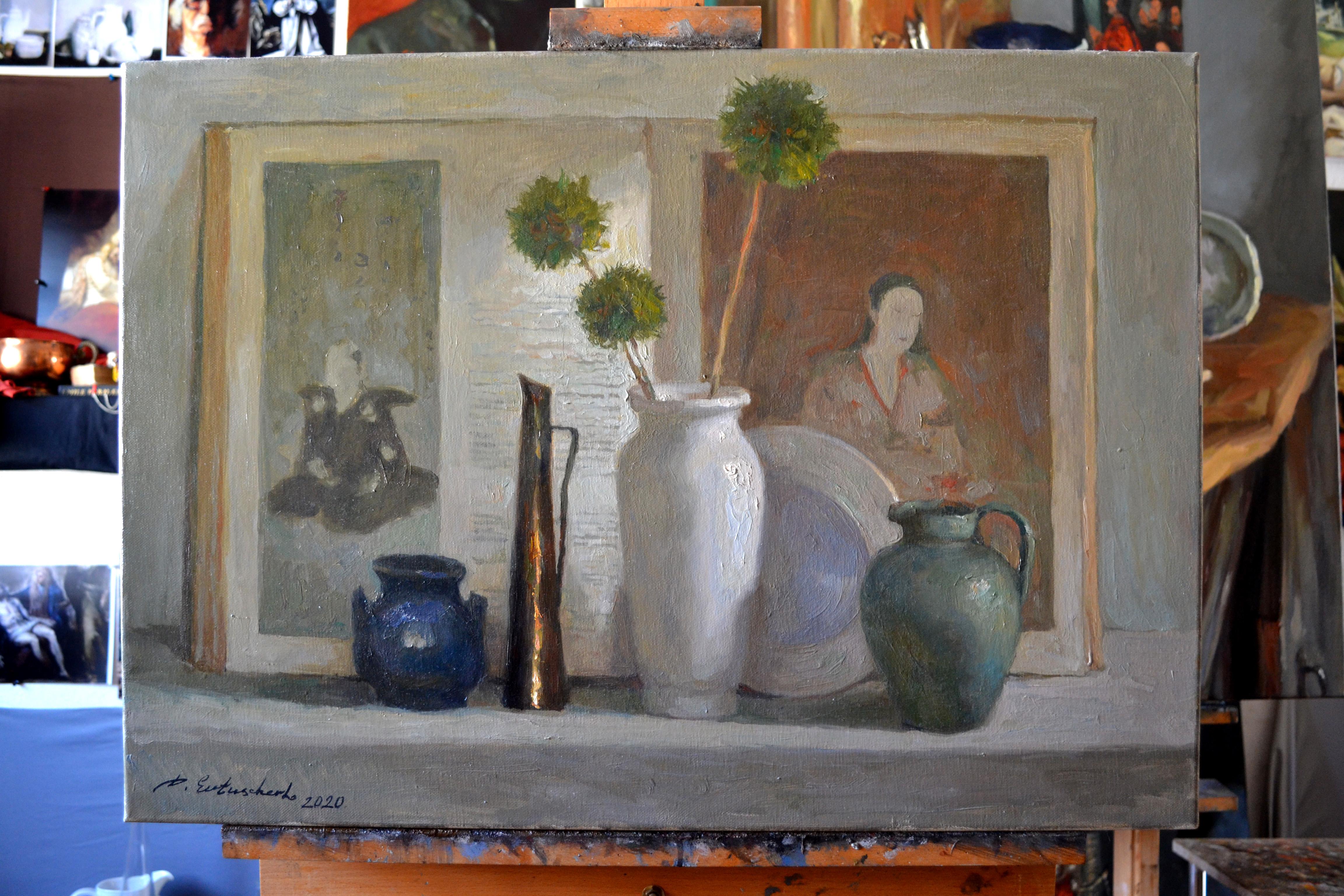 Still Life with an Album of Japanese Prints - Painting by Dmitry Evtushenko