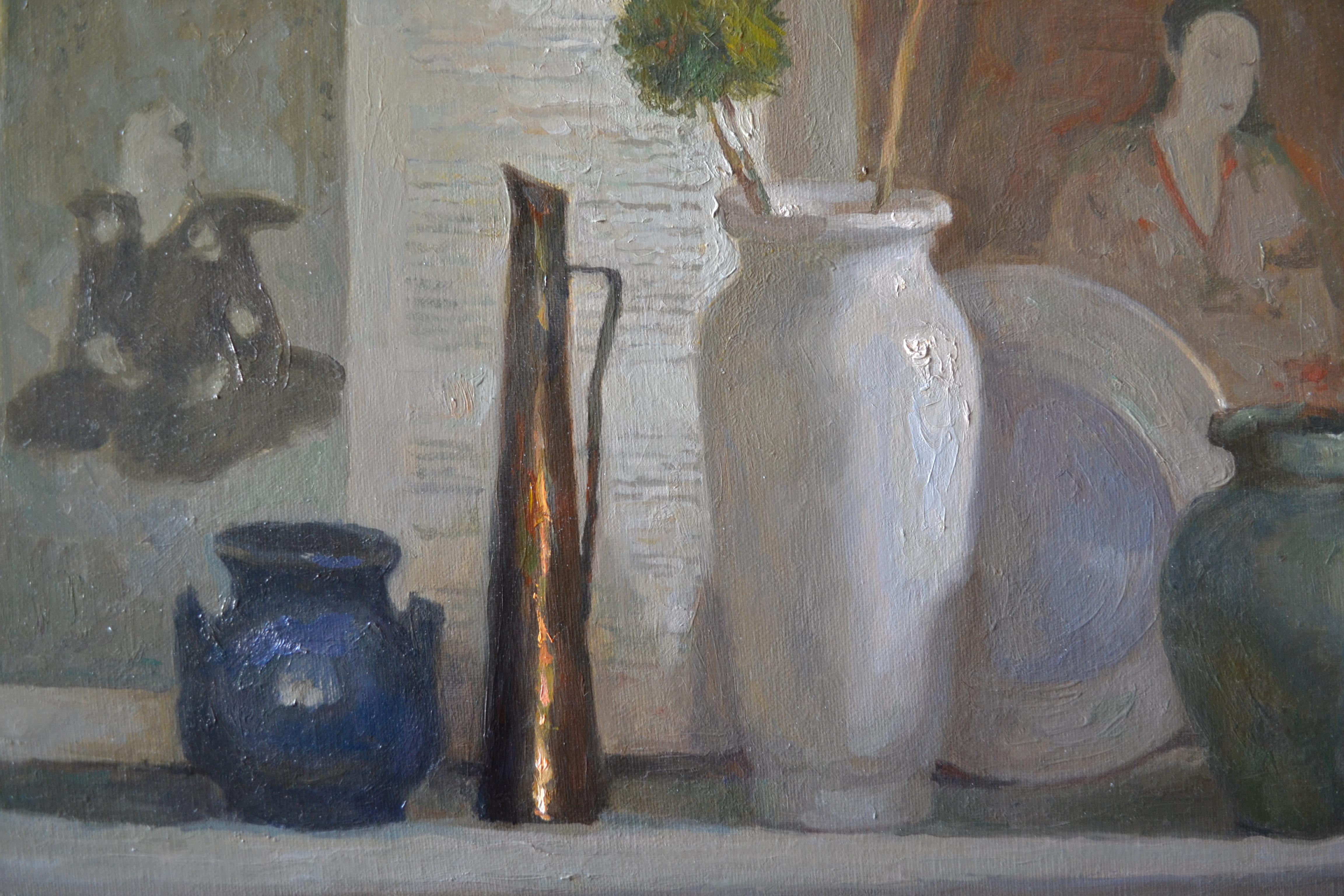 Still Life with an Album of Japanese Prints - Gray Still-Life Painting by Dmitry Evtushenko
