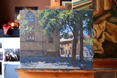 Summer day in the old town. Horizontal landscape painting, summer, impressionism