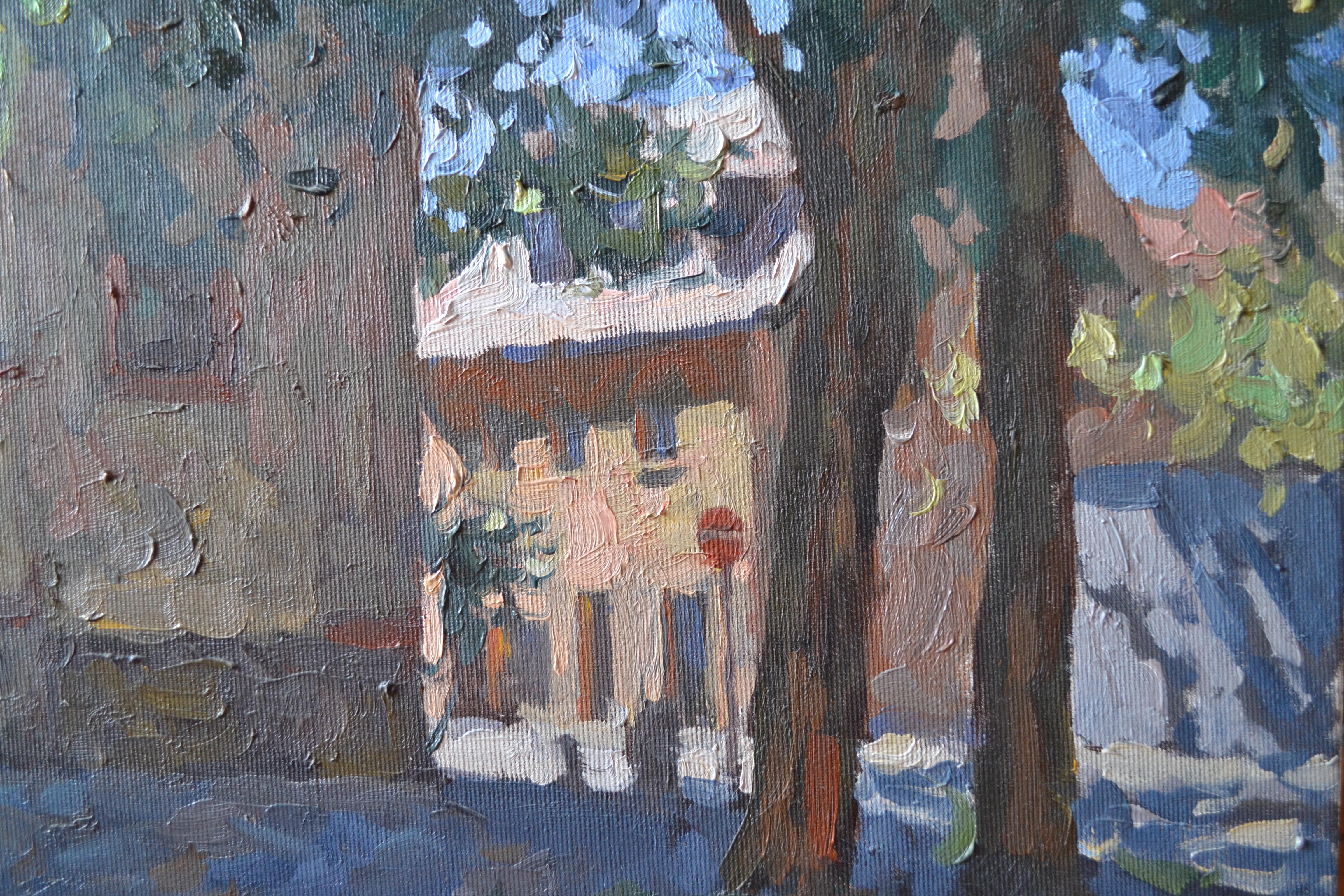 Summer day in the old town - Gray Landscape Painting by Dmitry Evtushenko