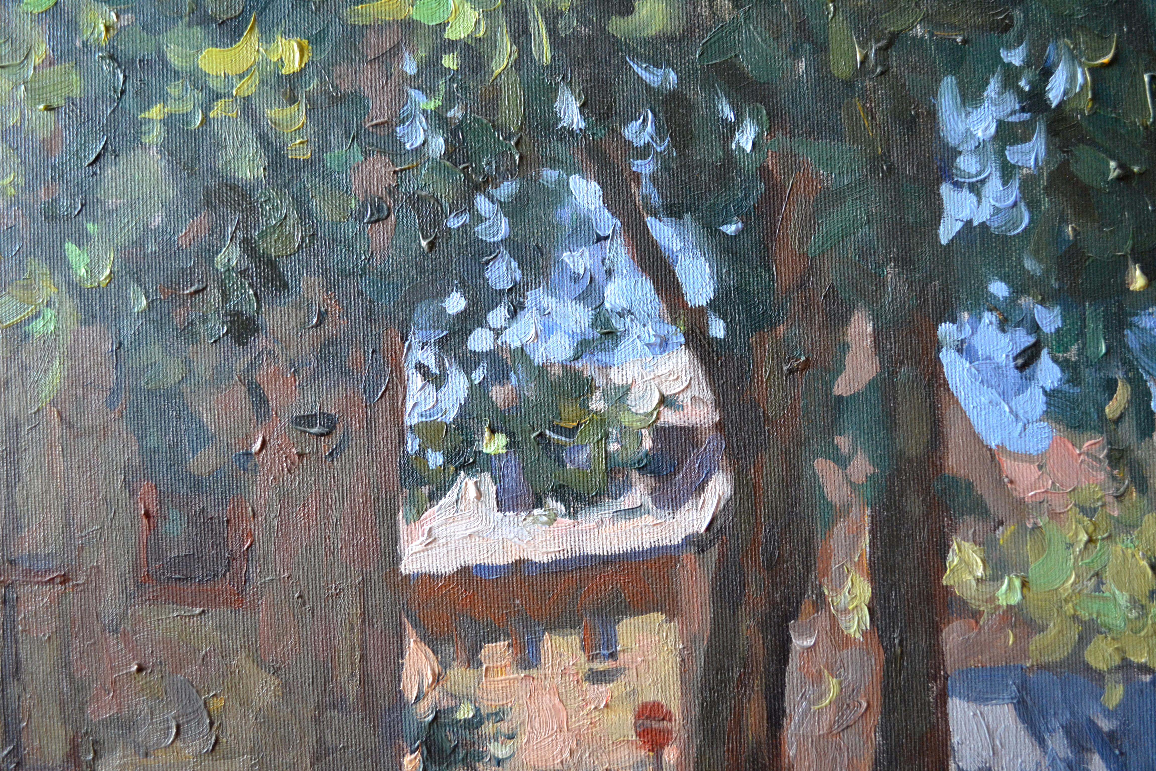 The painting depicts a corner of an old European city on a hot summer day. The sun illuminates the ground and the roof tiles almost to whiteness. The wall of an ancient cathedral and the trees in the foreground cast a lacy shadow on the ground, in