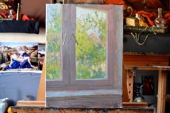 Feuillage d'été à l'extérieur de la fenêtre. Peinture verticale, été, impressionnisme