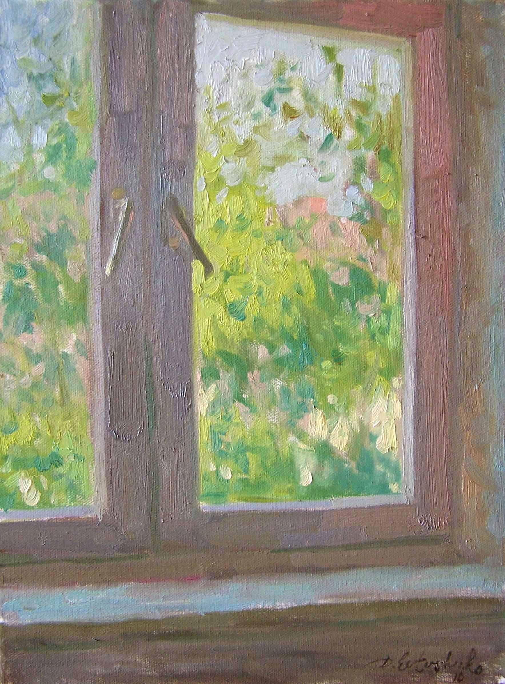 Interior Painting di Dmitry Evtushenko - Fogliame estivo fuori dalla finestra