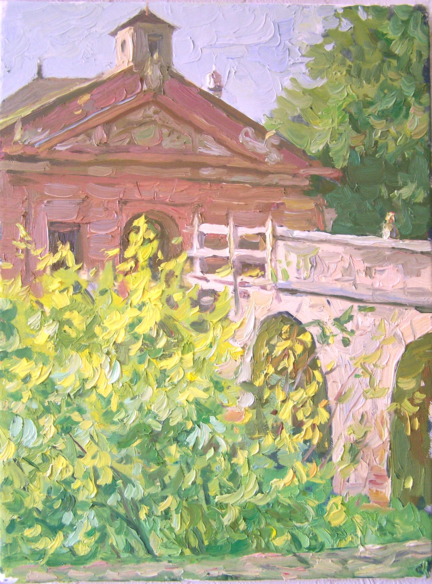Landscape Painting di Dmitry Evtushenko - Le porte dell'antica fortezza in una giornata di sole
