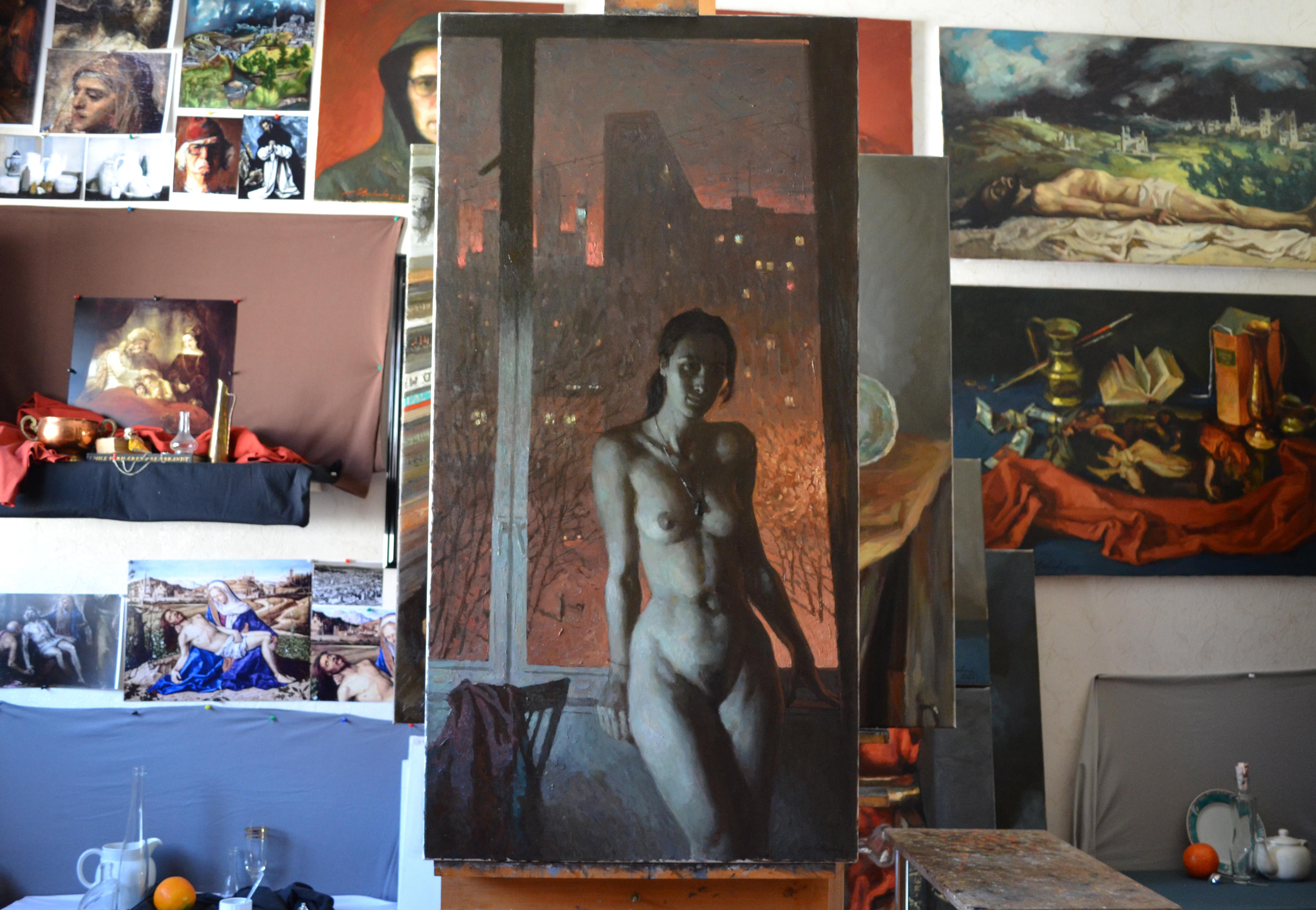 The Girl and the Metropolis - Painting by Dmitry Evtushenko
