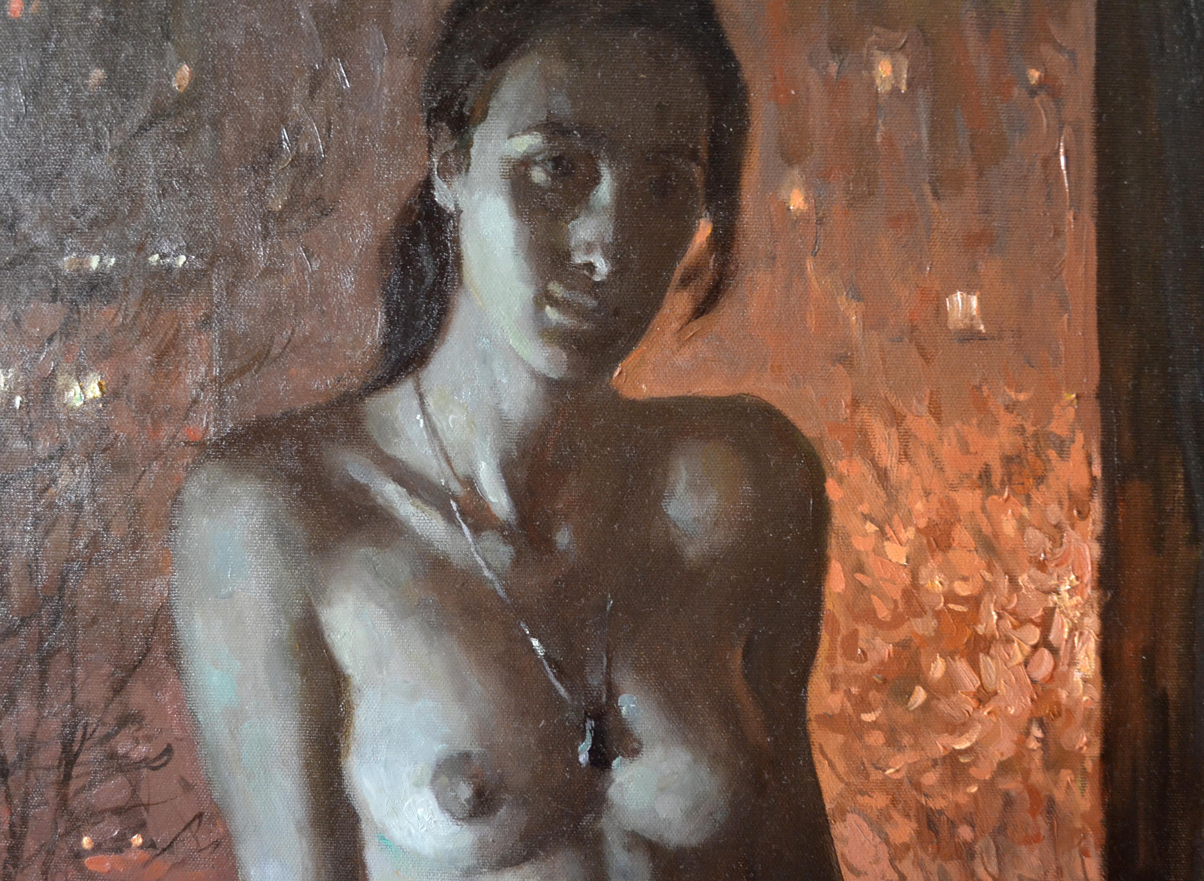 The Girl and the Metropolis - Gray Interior Painting by Dmitry Evtushenko