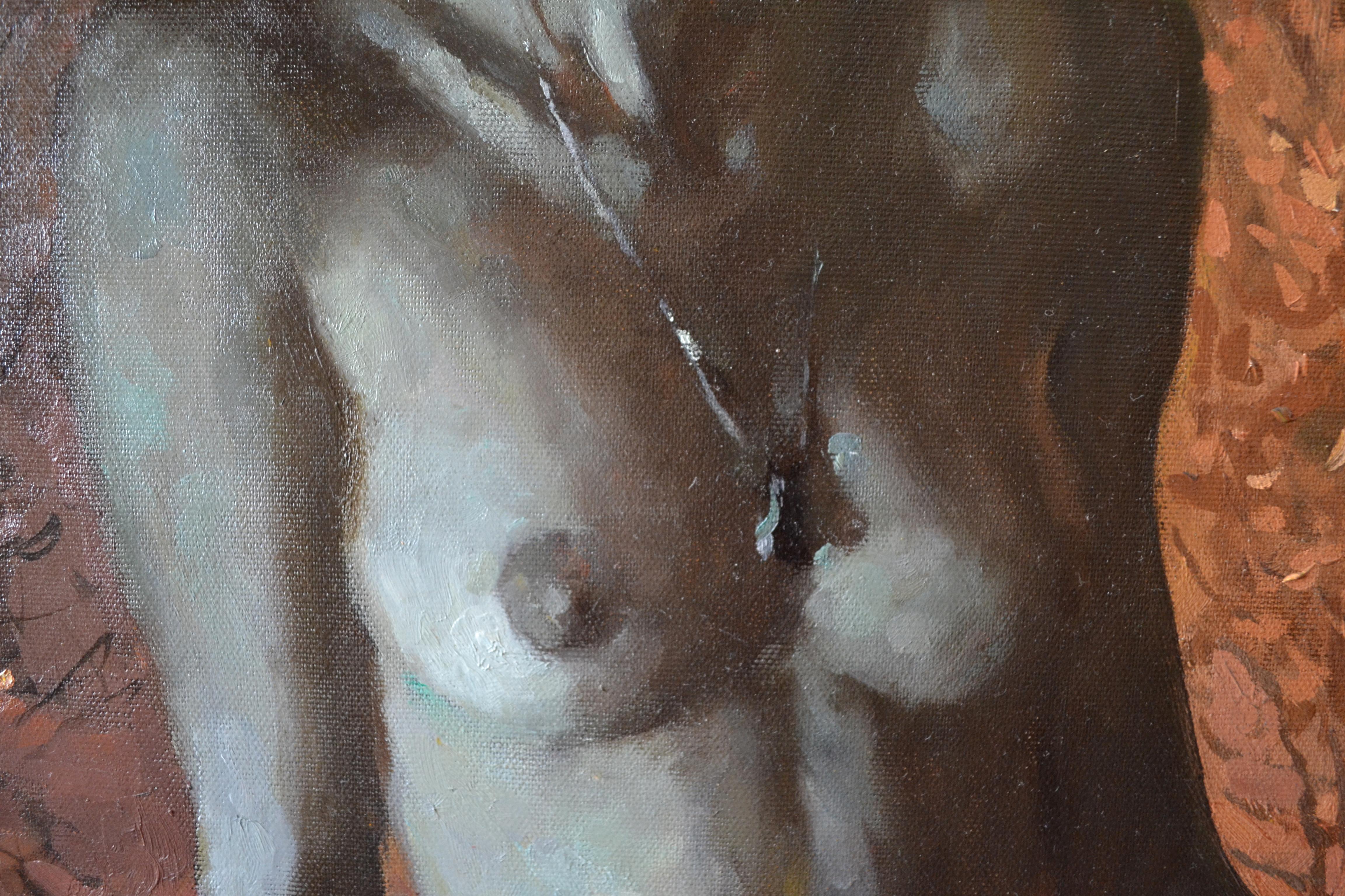 The picture shows a beautiful naked girl against the background of a window lit by the light of a neon lamp. On the left we see the back of a chair with her clothes. Outside the window, the winter view of the night city, a large metropolis. In the
