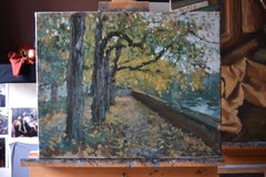L'argine principale in autunno. Paesaggio orizzontale, impressionismo