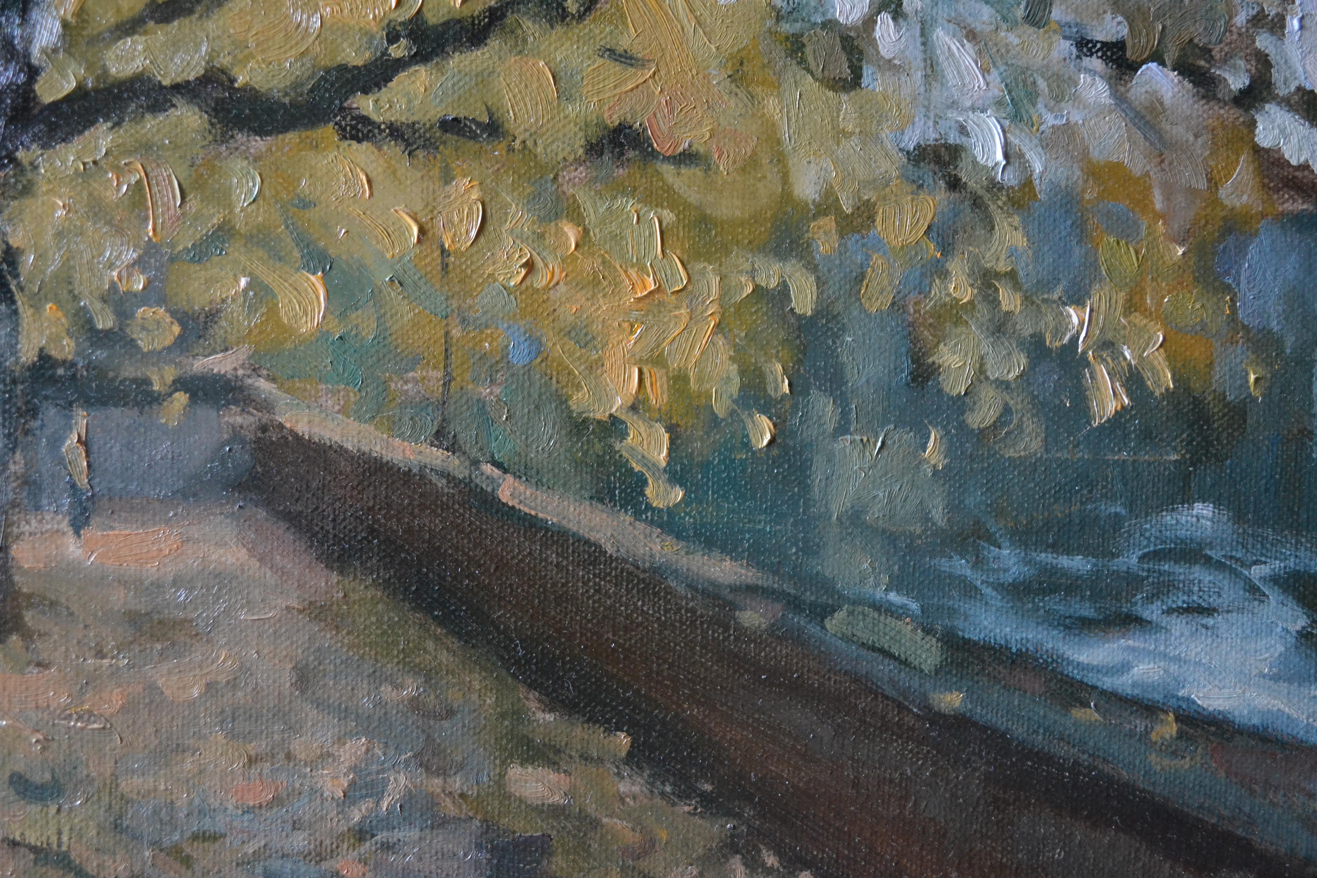 Der Mainuferweg im Herbst (Grau), Landscape Painting, von Dmitry Evtushenko