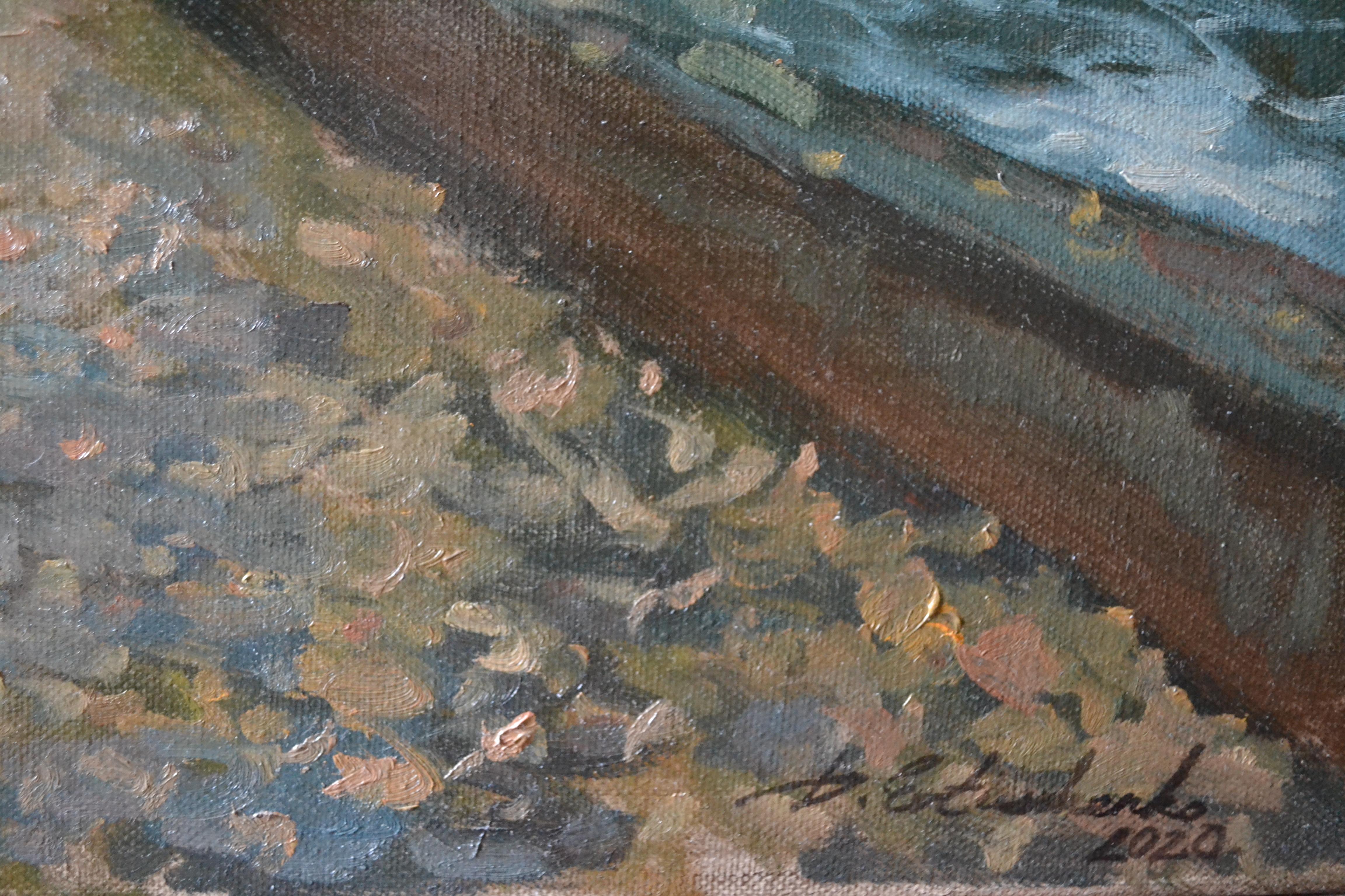 Das Gemälde wurde nach dem Leben gemalt. Es zeigt den Mainuferweg am Rande der bayerischen Stadt Würzburg. Wir sehen ein Herbstmotiv, Bäume, die in einer Reihe entlang der Böschungsbrüstung stehen und mit goldenem Laub bedeckt sind. Der Boden im