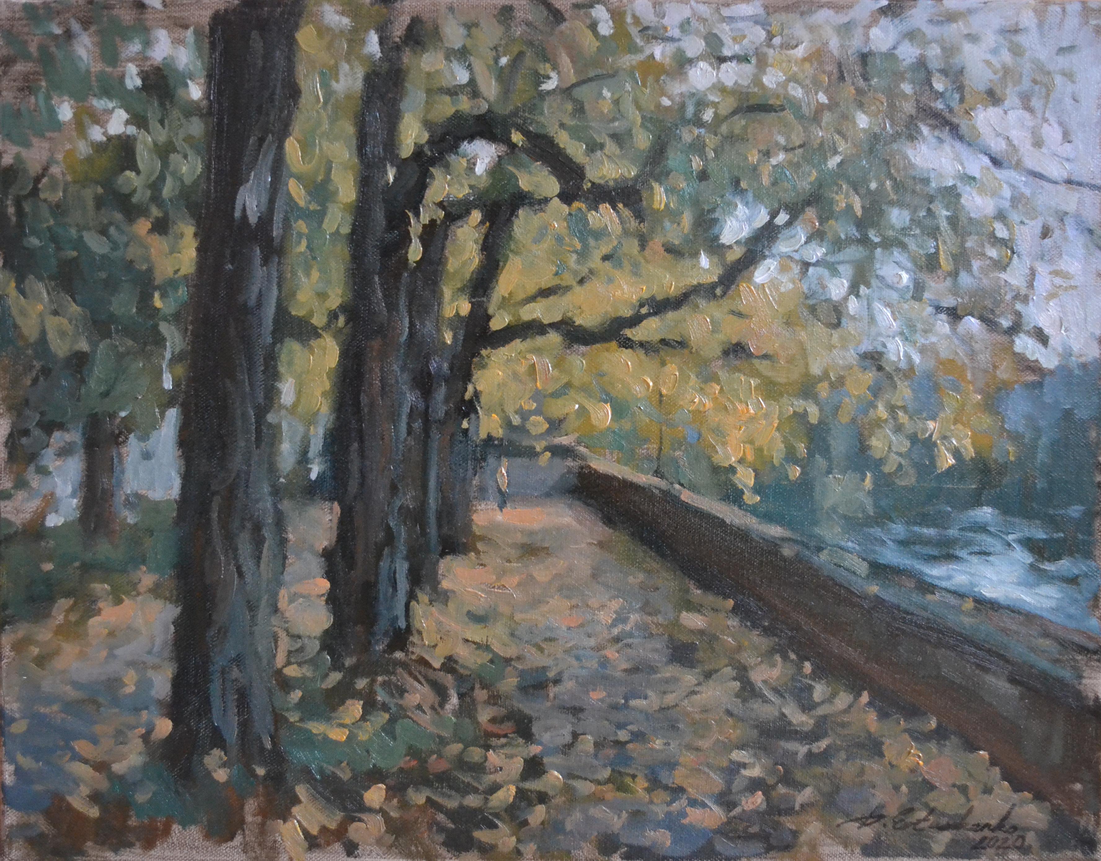Dmitry Evtushenko Landscape Painting – Der Mainuferweg im Herbst